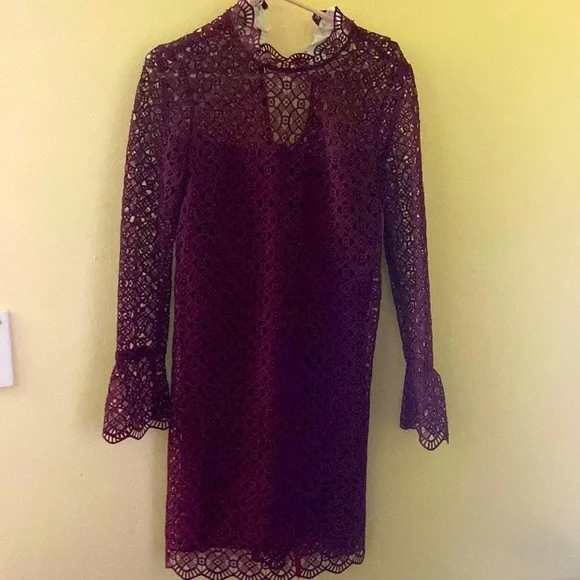 Sandro NWOT Helian Lace Long Sleeve Bordeaux Dress Size 38 - Picture 3 of 11